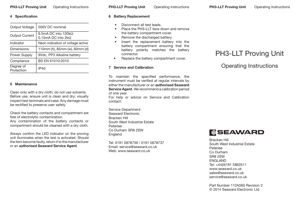 Ph3-llt proving unit, Operating instructions | Seaward PH3 LLT User Manual | Page 6 / 6