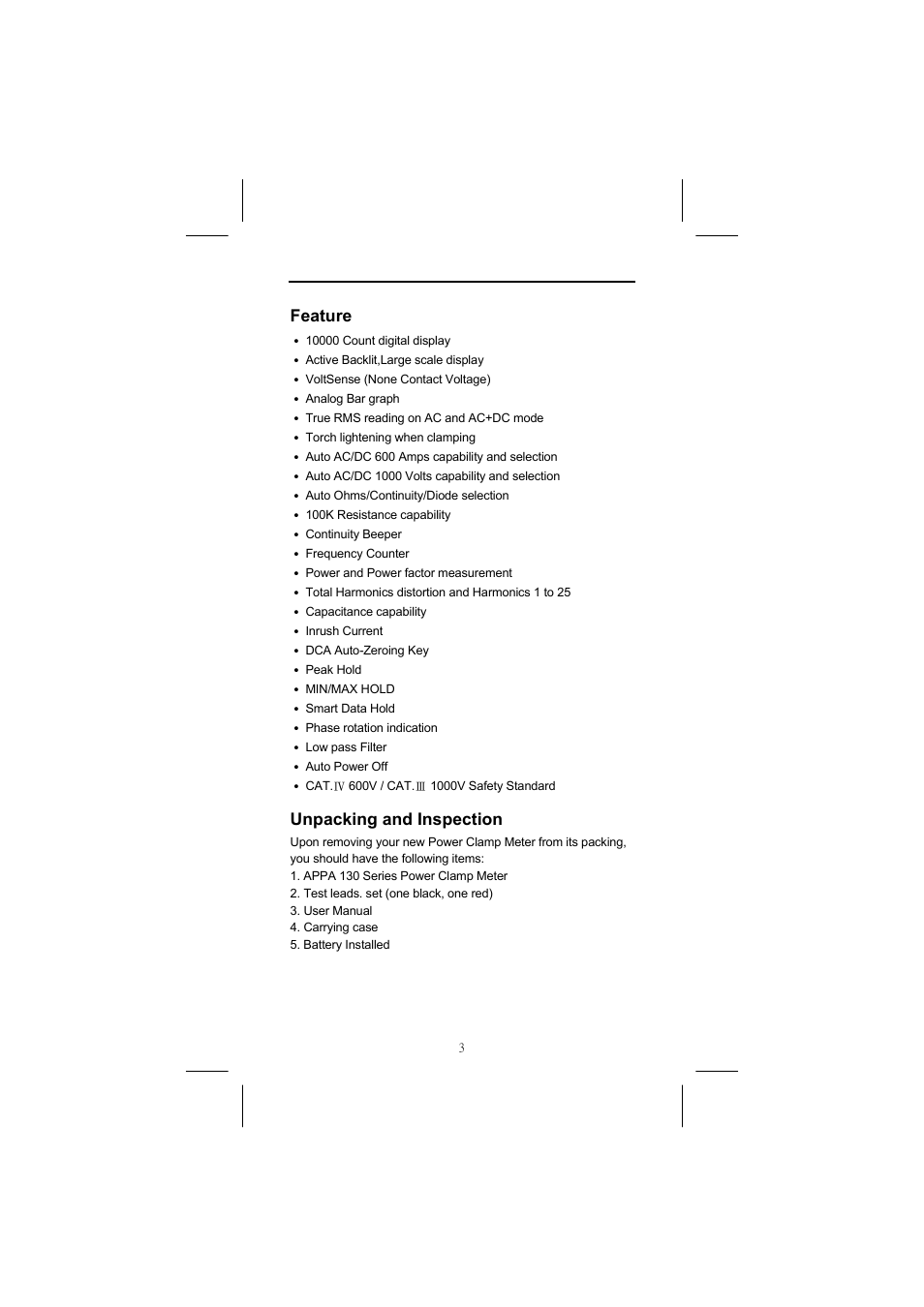 Feature, Unpacking and inspection | Seaward Power Clamp User Manual | Page 4 / 31