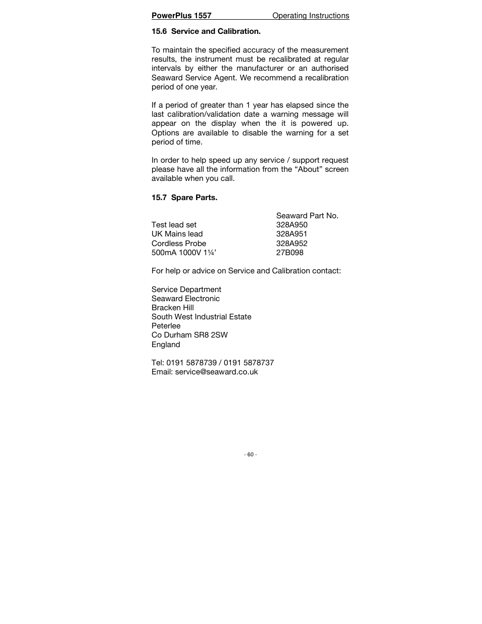 Seaward PowerPlus 1557 User Manual | Page 60 / 62