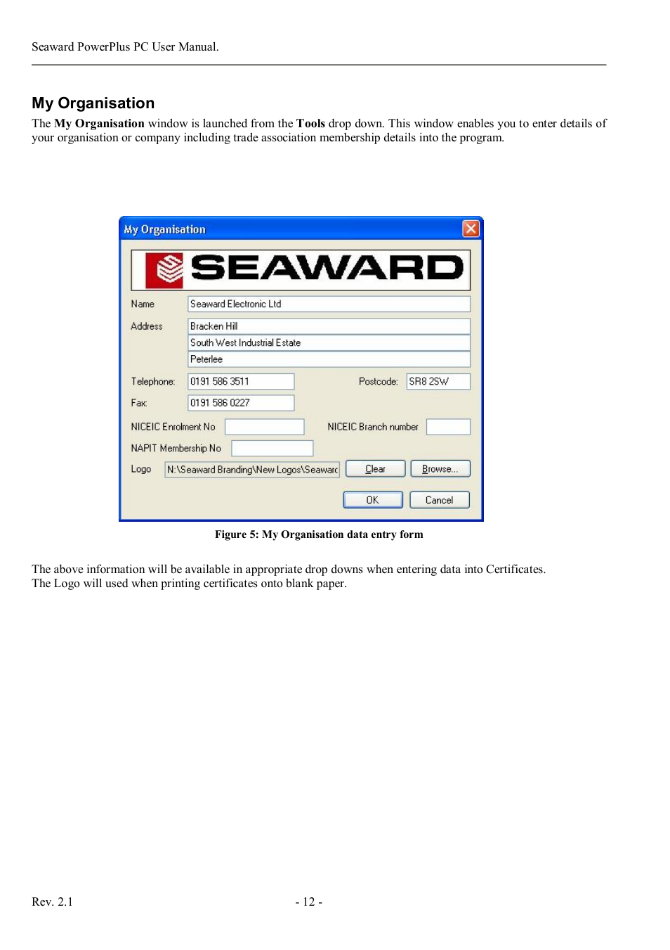 My organisation | Seaward PowerPlus PC User Manual | Page 12 / 44