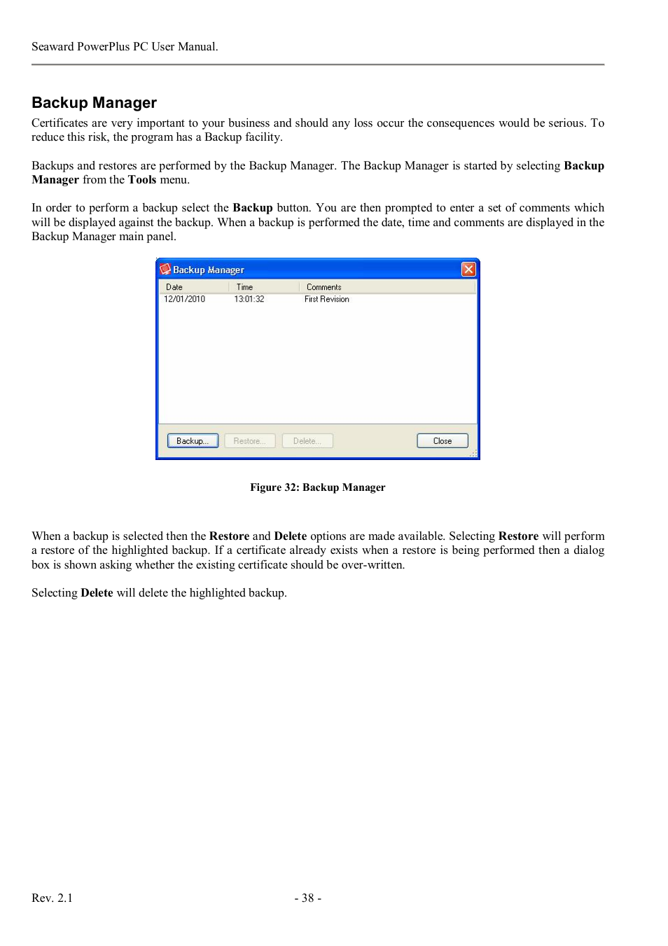 Backup manager | Seaward PowerPlus PC User Manual | Page 38 / 44