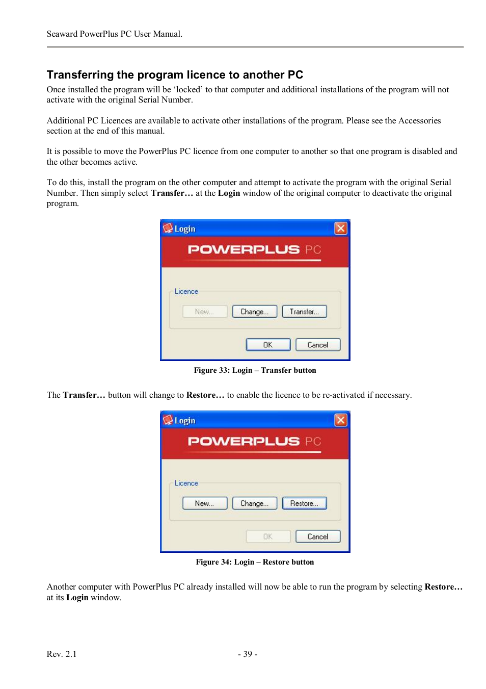 Transferring the program licence to another pc | Seaward PowerPlus PC User Manual | Page 39 / 44