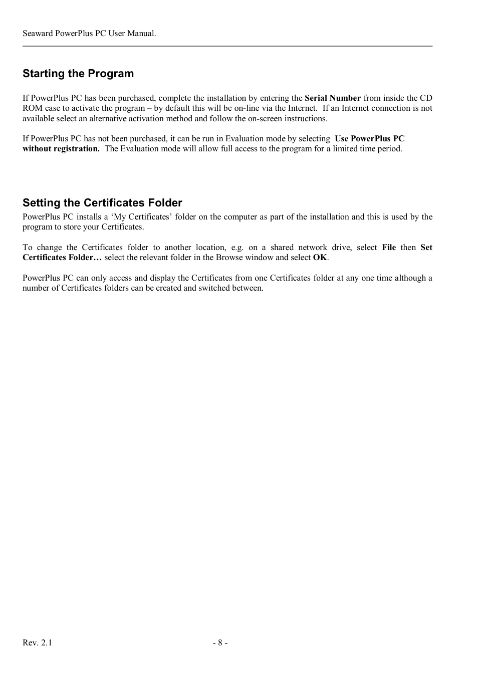 Starting the program, Setting the certificates folder | Seaward PowerPlus PC User Manual | Page 8 / 44