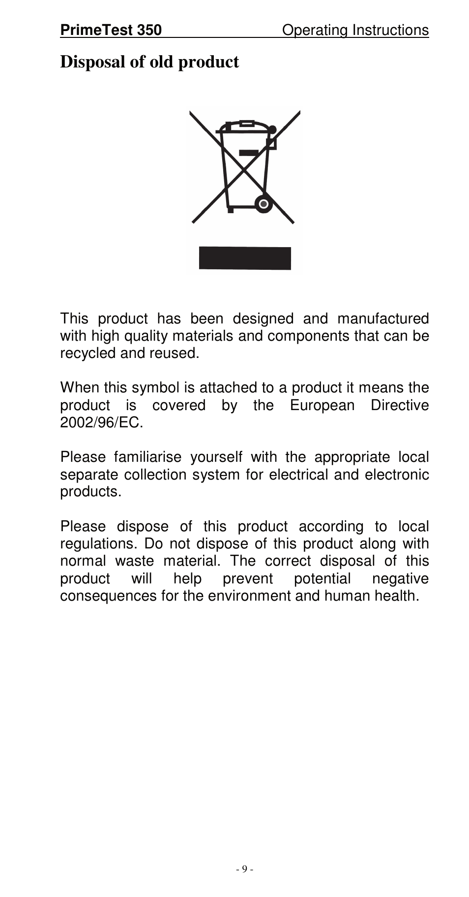 Disposal of old product | Seaward 350 PrimeTest User Manual | Page 10 / 112