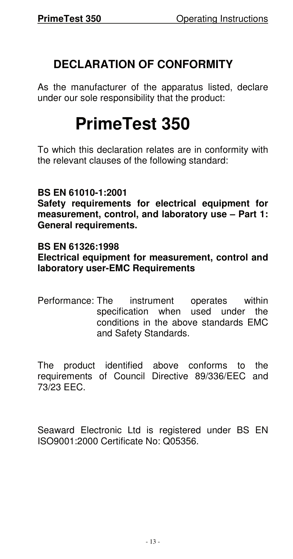 Primetest 350, Declaration of conformity | Seaward 350 PrimeTest User Manual | Page 14 / 112