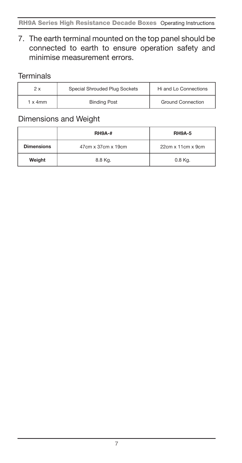 Dimensions and weight terminals | Seaward RH9A Series User Manual | Page 10 / 16