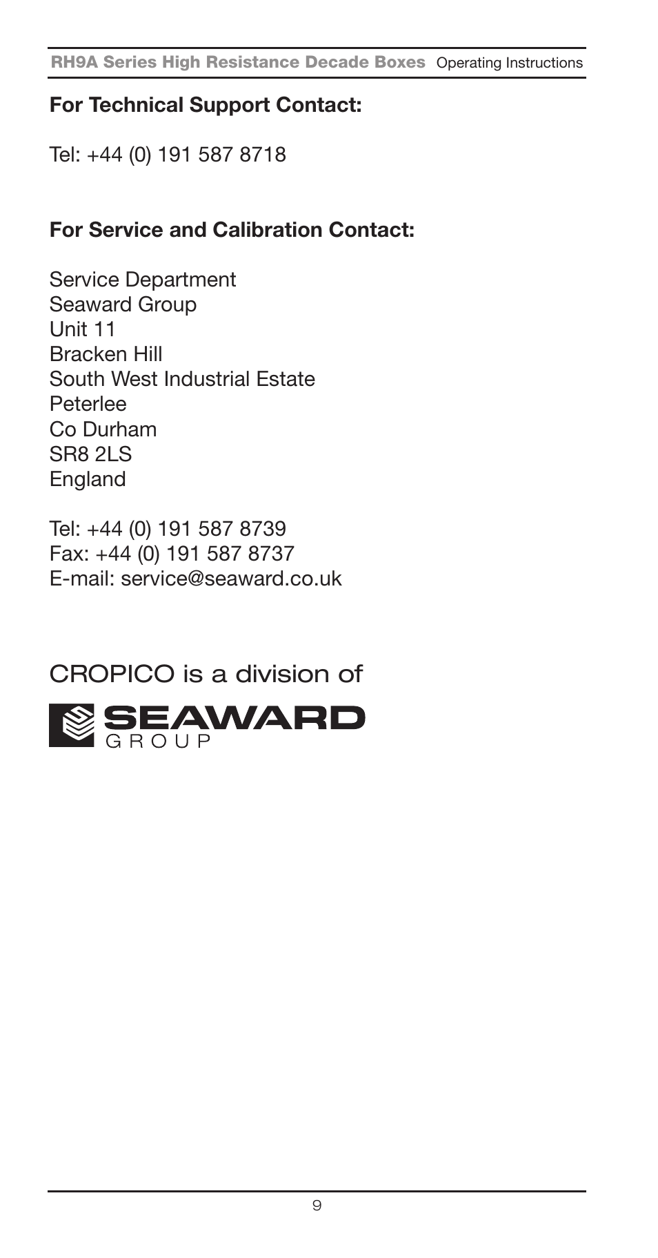 Cropico is a division of | Seaward RH9A Series User Manual | Page 12 / 16