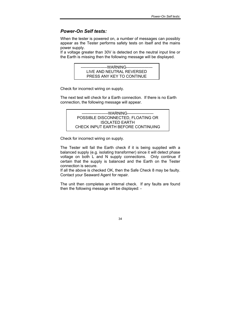 Power-on self tests | Seaward SafeCheck 8 User Manual | Page 35 / 49