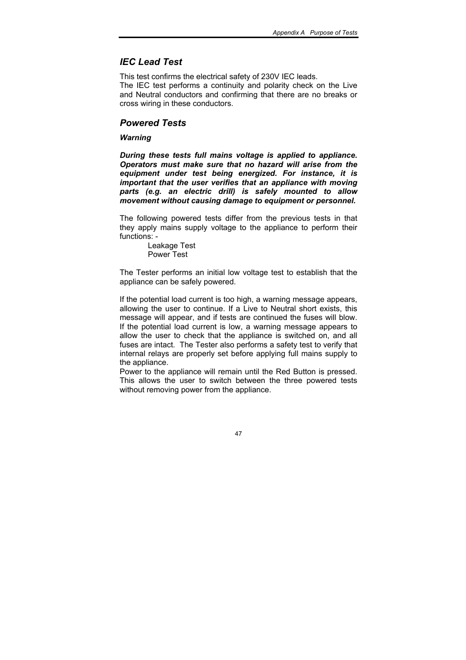 Iec lead test, Powered tests | Seaward SafeCheck 8 User Manual | Page 48 / 49