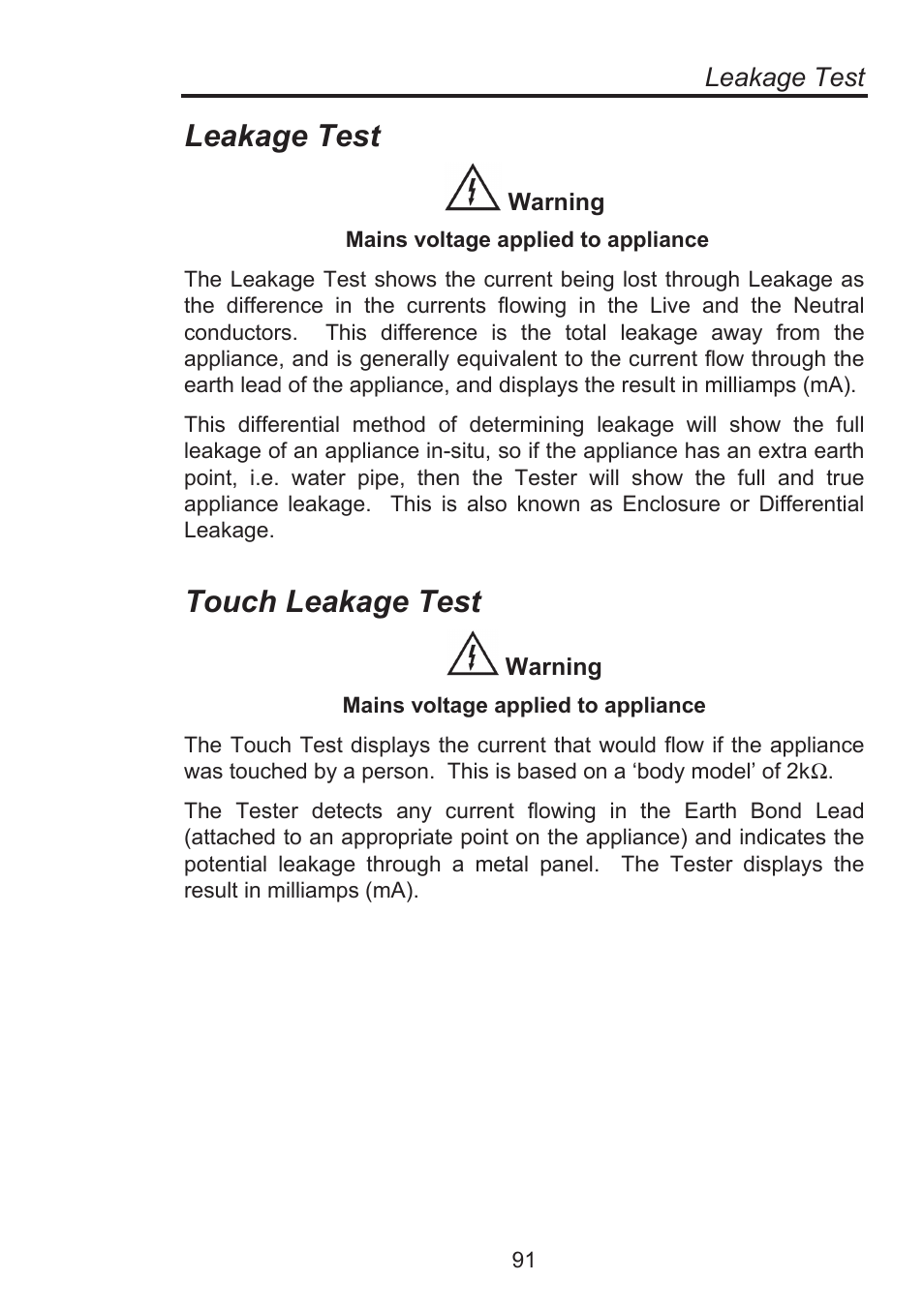 Touch leakage test, Leakage test | Seaward Supernova Elite User Manual | Page 101 / 118