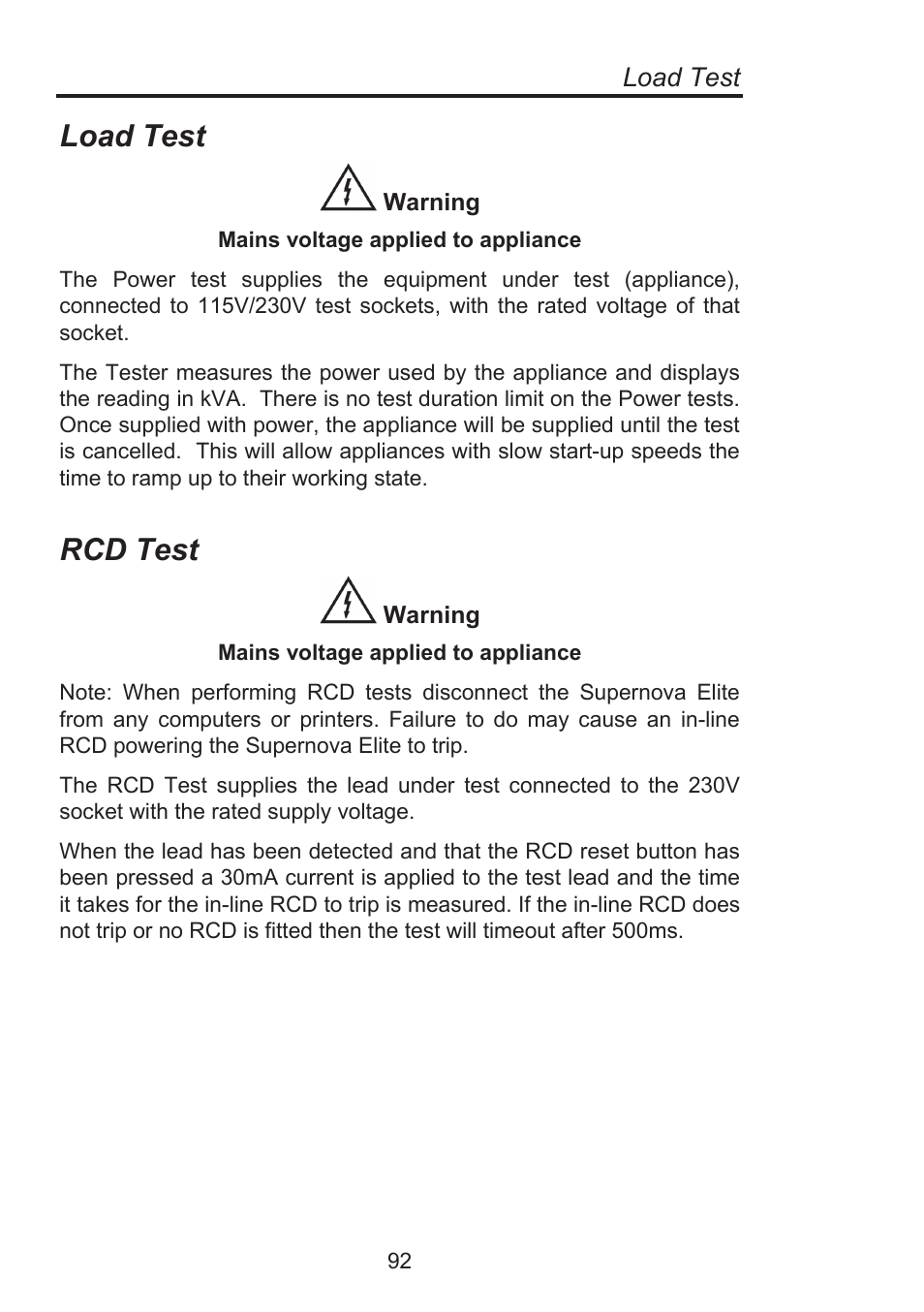 Rcd test, Load test | Seaward Supernova Elite User Manual | Page 102 / 118