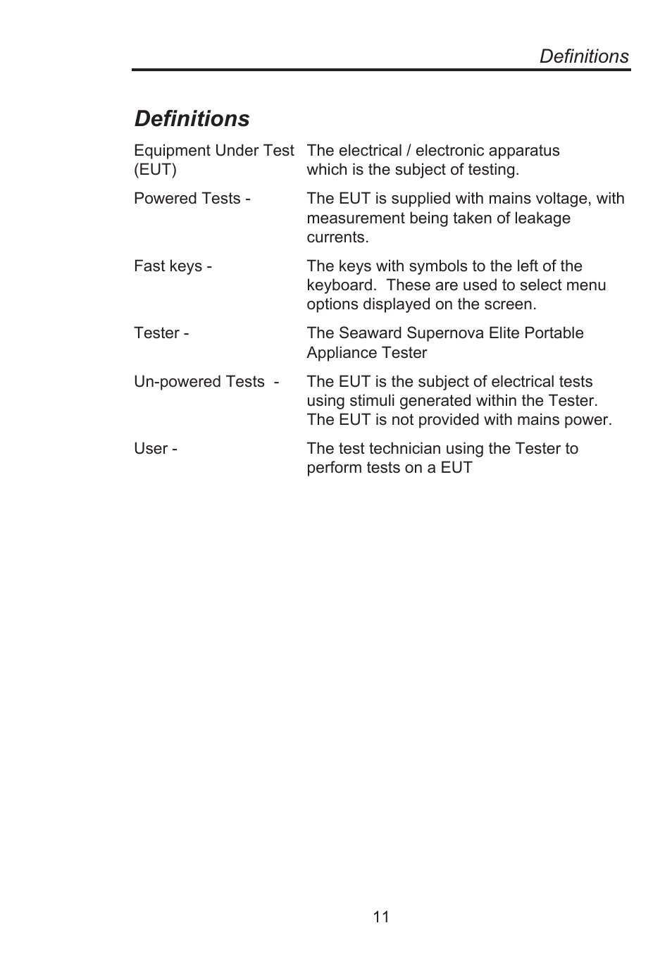 Definitions | Seaward Supernova Elite User Manual | Page 21 / 118