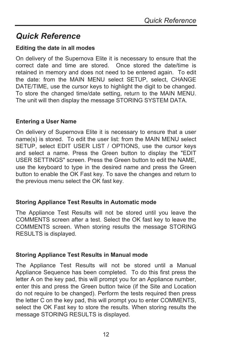 Quick reference | Seaward Supernova Elite User Manual | Page 22 / 118