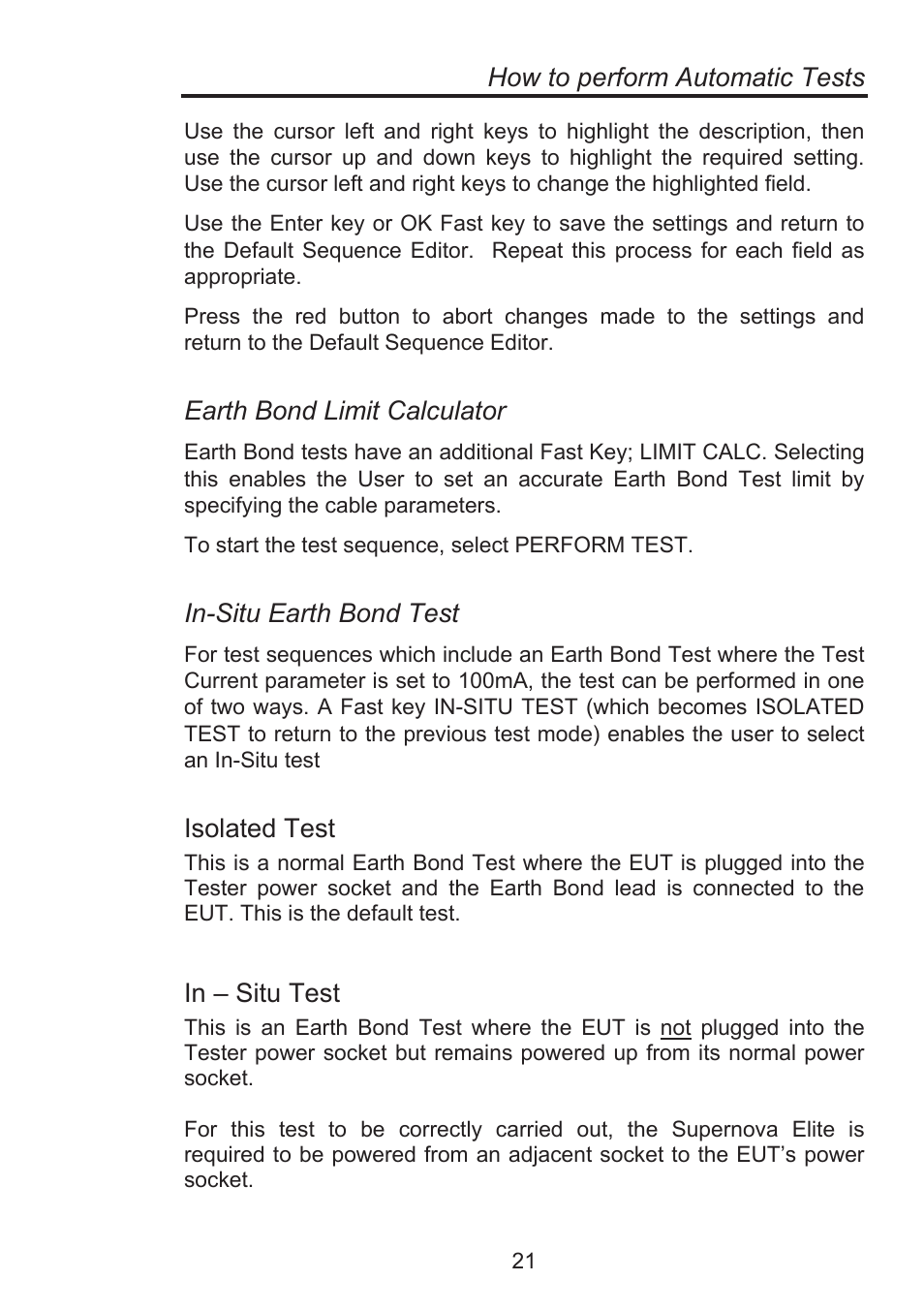 How to perform automatic tests, Earth bond limit calculator, In-situ earth bond test | Isolated test | Seaward Supernova Elite User Manual | Page 31 / 118