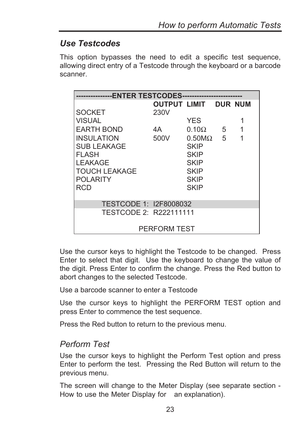 How to perform automatic tests, Use testcodes, Perform test | Seaward Supernova Elite User Manual | Page 33 / 118