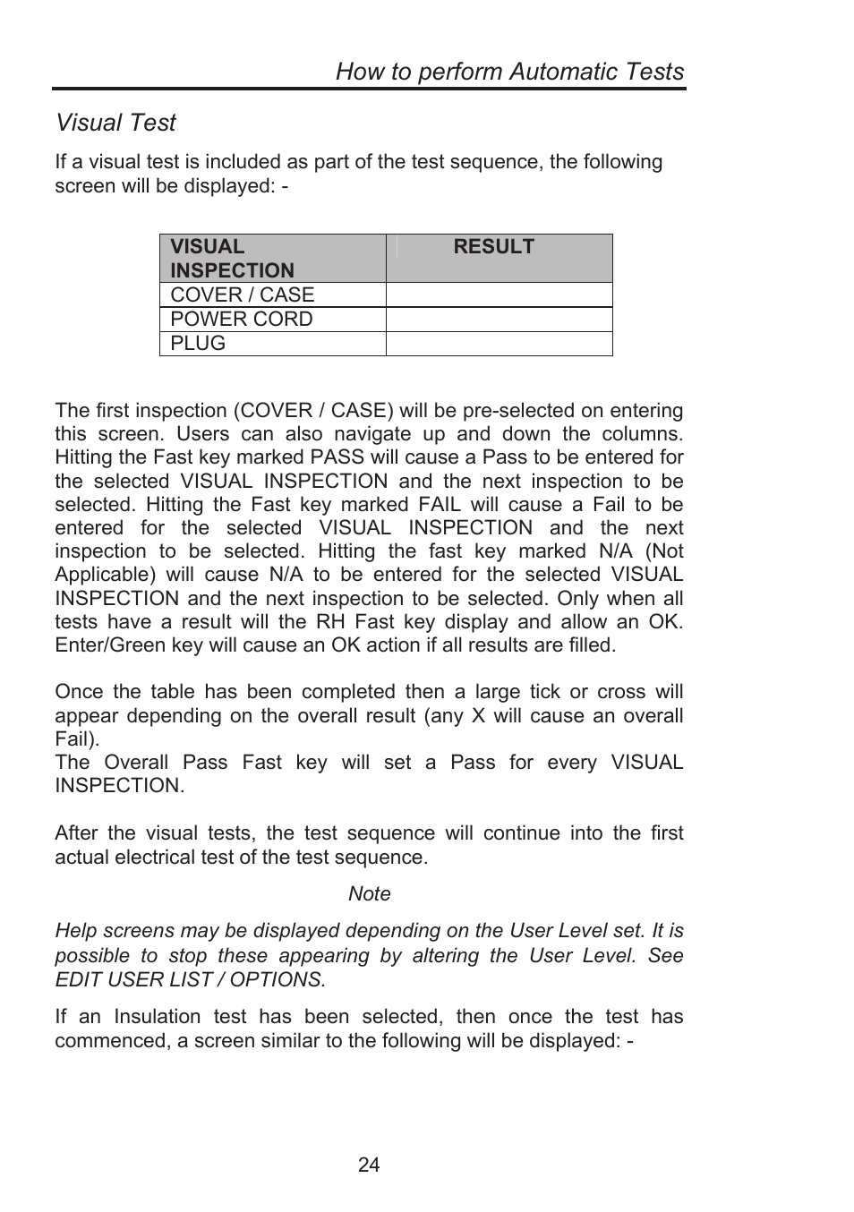 How to perform automatic tests, Visual test | Seaward Supernova Elite User Manual | Page 34 / 118