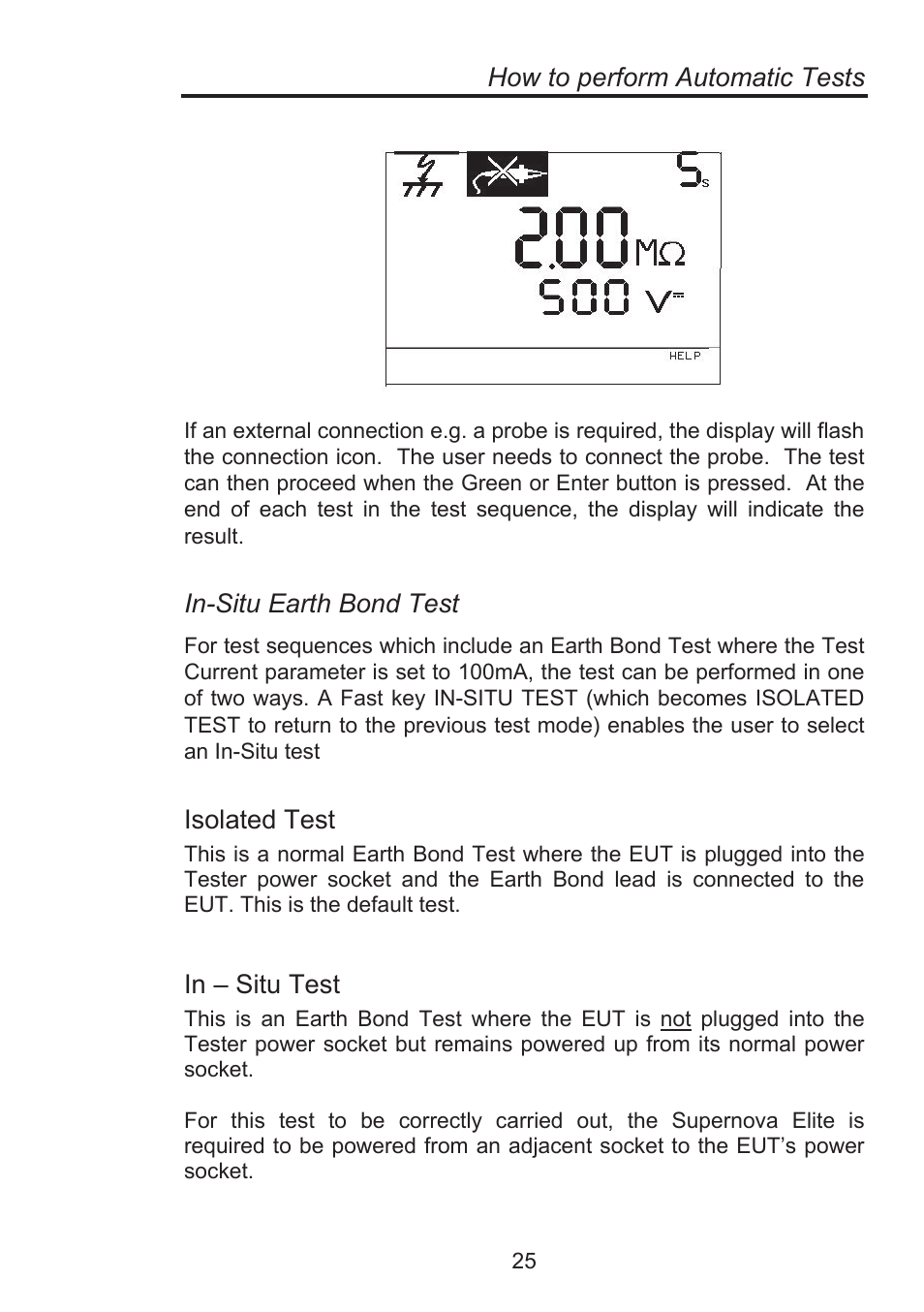 How to perform automatic tests, In-situ earth bond test, Isolated test | Seaward Supernova Elite User Manual | Page 35 / 118