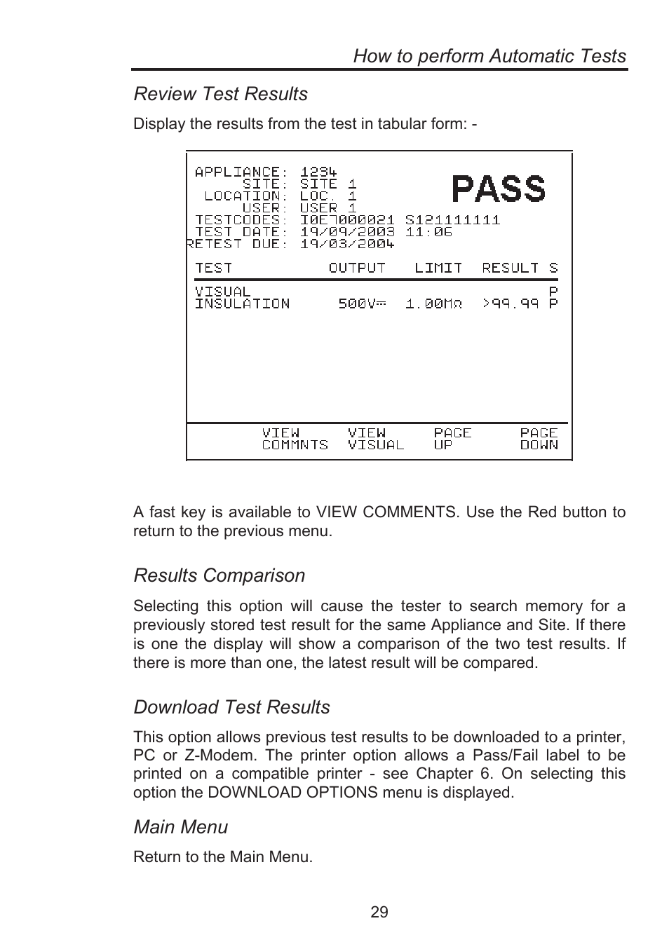 How to perform automatic tests, Review test results, Results comparison | Download test results, Main menu | Seaward Supernova Elite User Manual | Page 39 / 118