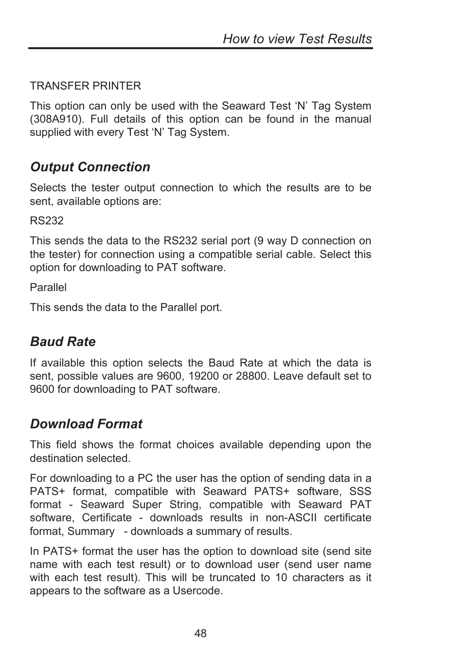 How to view test results, Output connection, Baud rate | Download format | Seaward Supernova Elite User Manual | Page 58 / 118