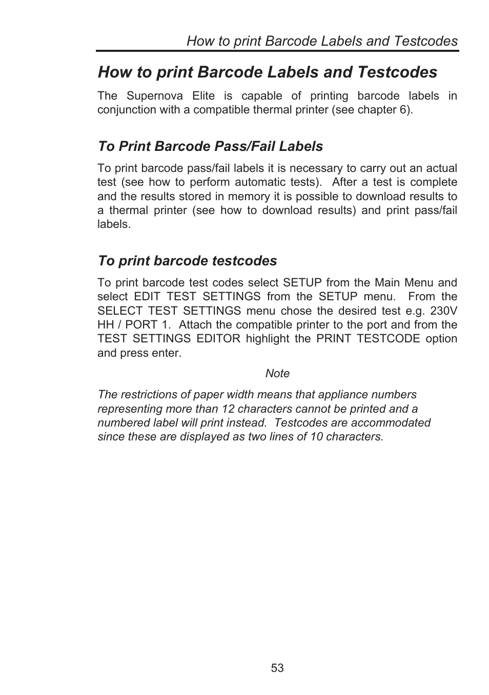 How to print barcode labels and testcodes | Seaward Supernova Elite User Manual | Page 63 / 118