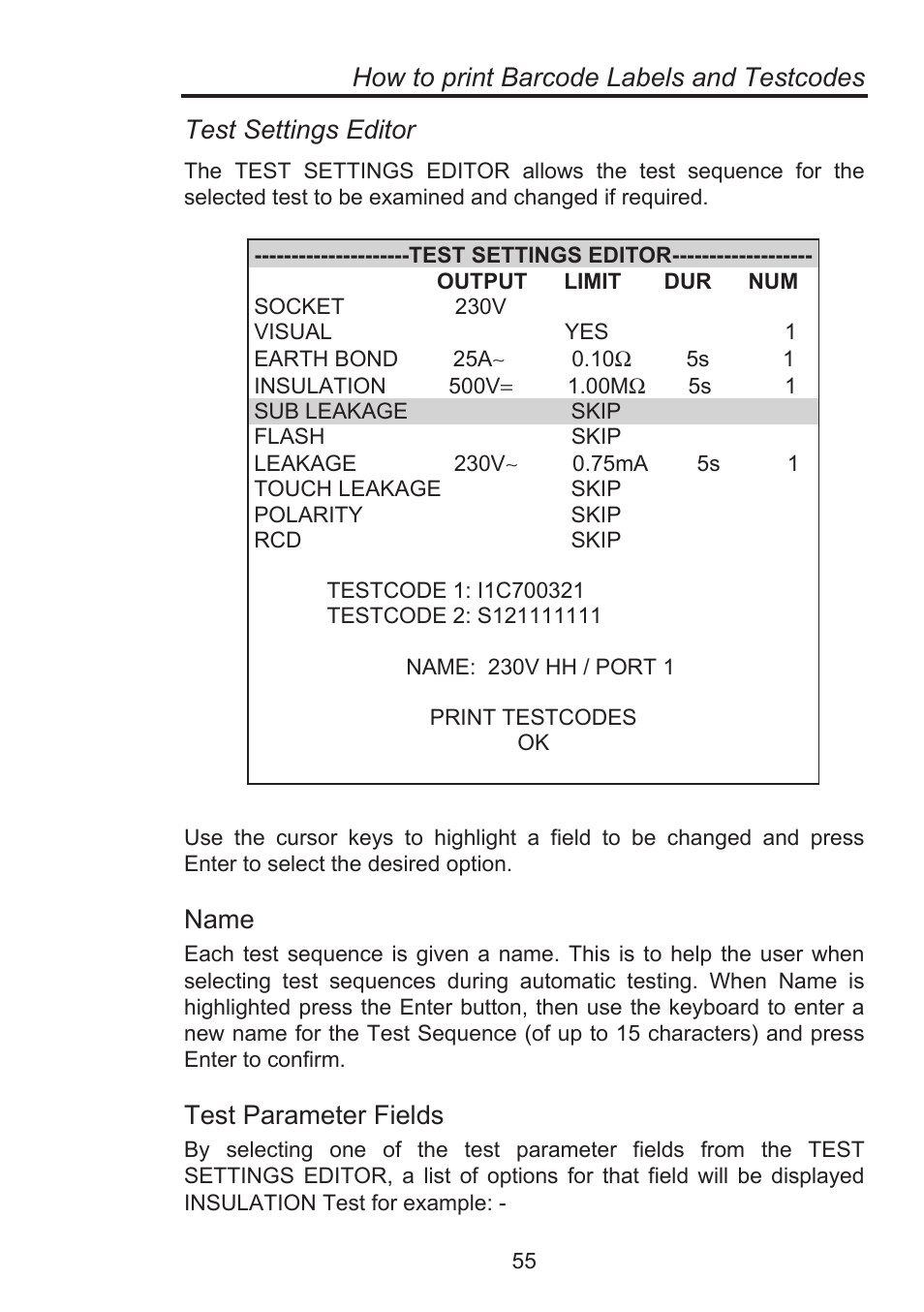 How to print barcode labels and testcodes, Test settings editor, Name | Test parameter fields | Seaward Supernova Elite User Manual | Page 65 / 118