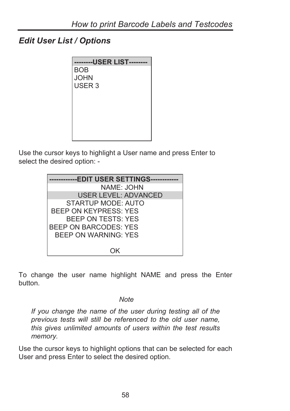 How to print barcode labels and testcodes, Edit user list / options | Seaward Supernova Elite User Manual | Page 68 / 118