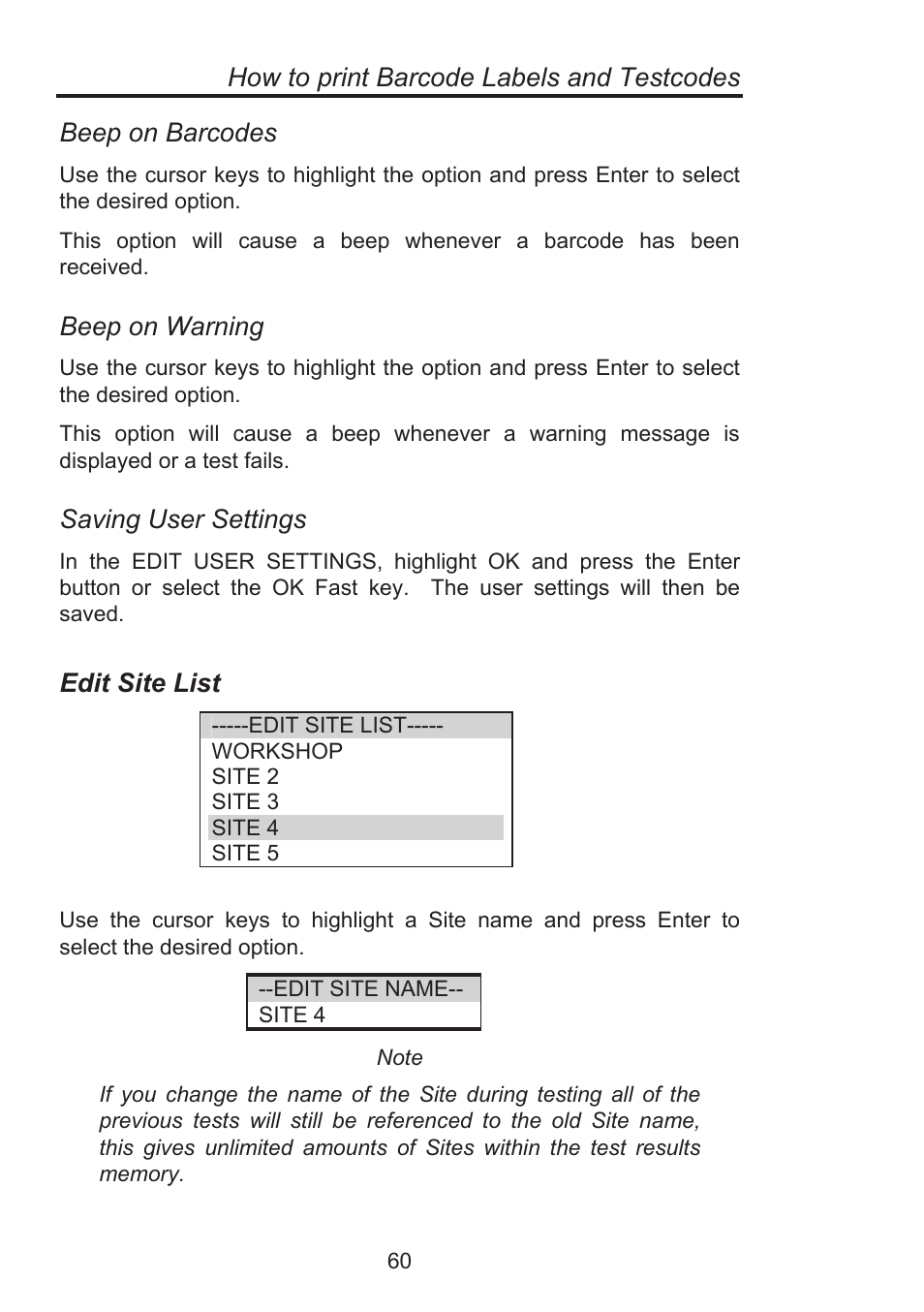 How to print barcode labels and testcodes, Beep on barcodes, Beep on warning | Saving user settings, Edit site list | Seaward Supernova Elite User Manual | Page 70 / 118