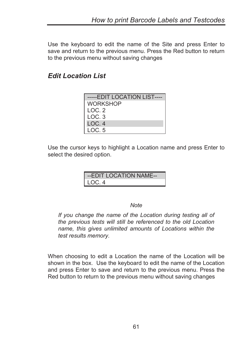 How to print barcode labels and testcodes, Edit location list | Seaward Supernova Elite User Manual | Page 71 / 118