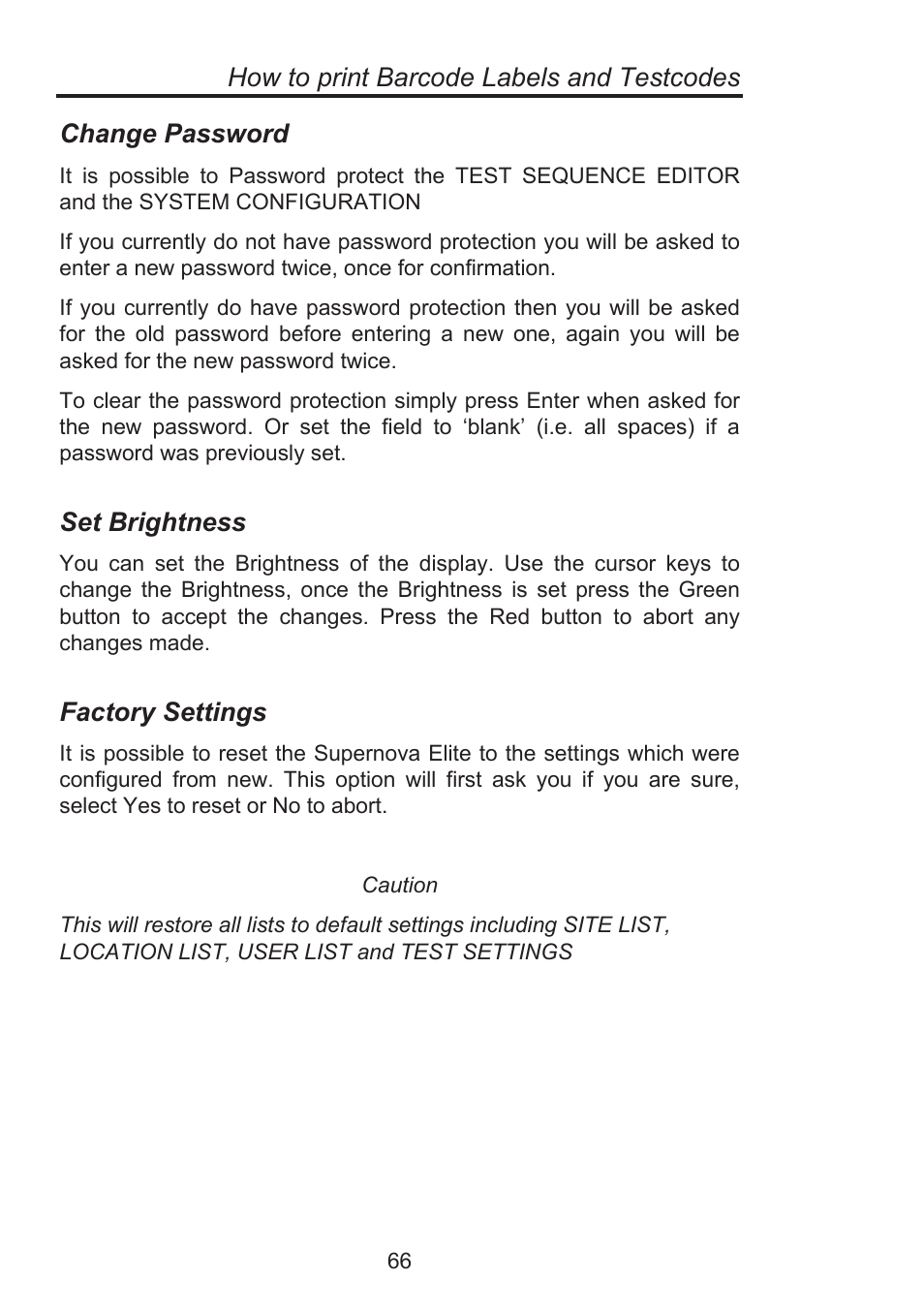 How to print barcode labels and testcodes, Change password, Set brightness | Factory settings | Seaward Supernova Elite User Manual | Page 76 / 118