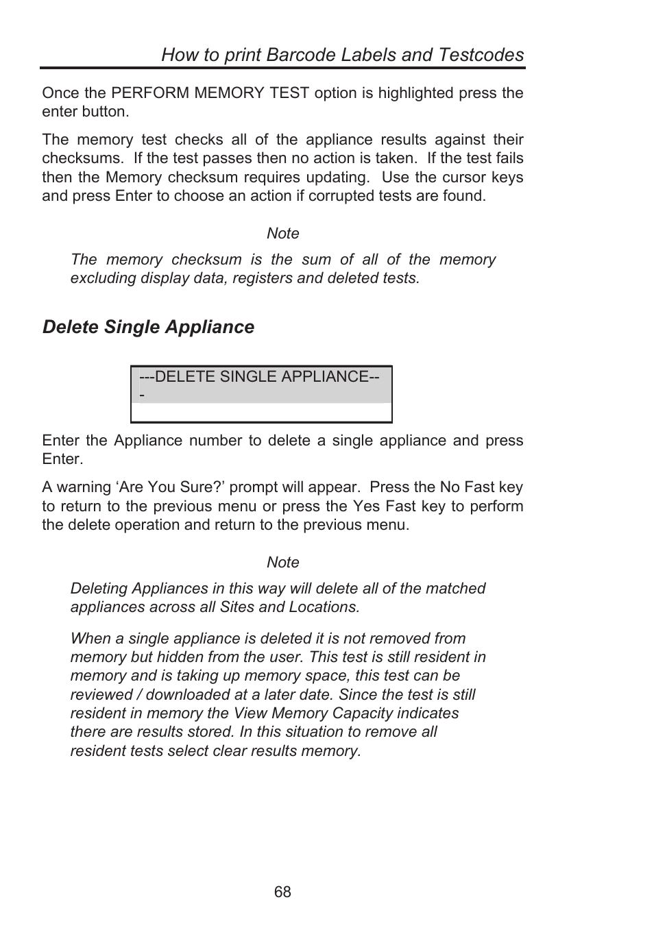 How to print barcode labels and testcodes, Delete single appliance | Seaward Supernova Elite User Manual | Page 78 / 118