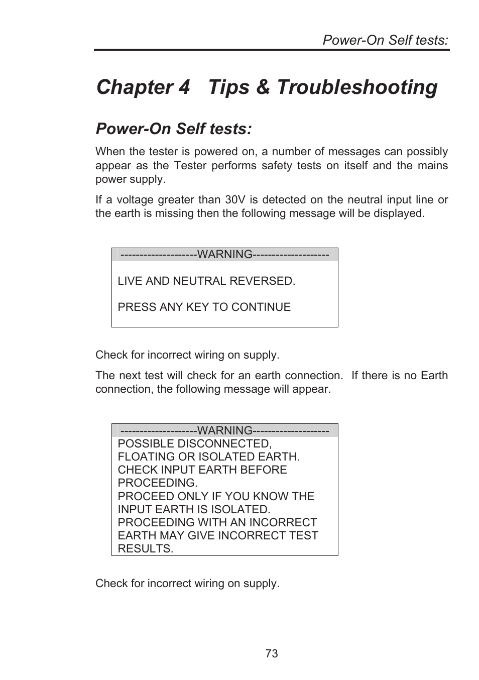 Chapter 4 tips & troubleshooting, Power-on self tests | Seaward Supernova Elite User Manual | Page 83 / 118