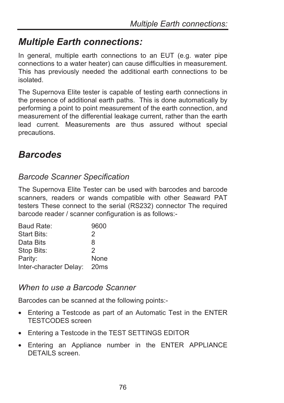 Barcodes, Multiple earth connections, Barcode scanner specification | When to use a barcode scanner | Seaward Supernova Elite User Manual | Page 86 / 118