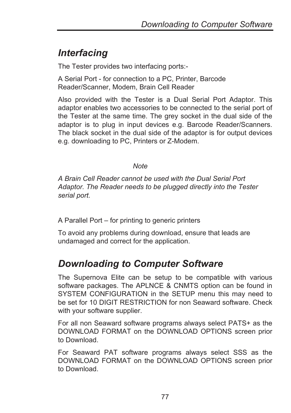 Interfacing, Downloading to computer software | Seaward Supernova Elite User Manual | Page 87 / 118