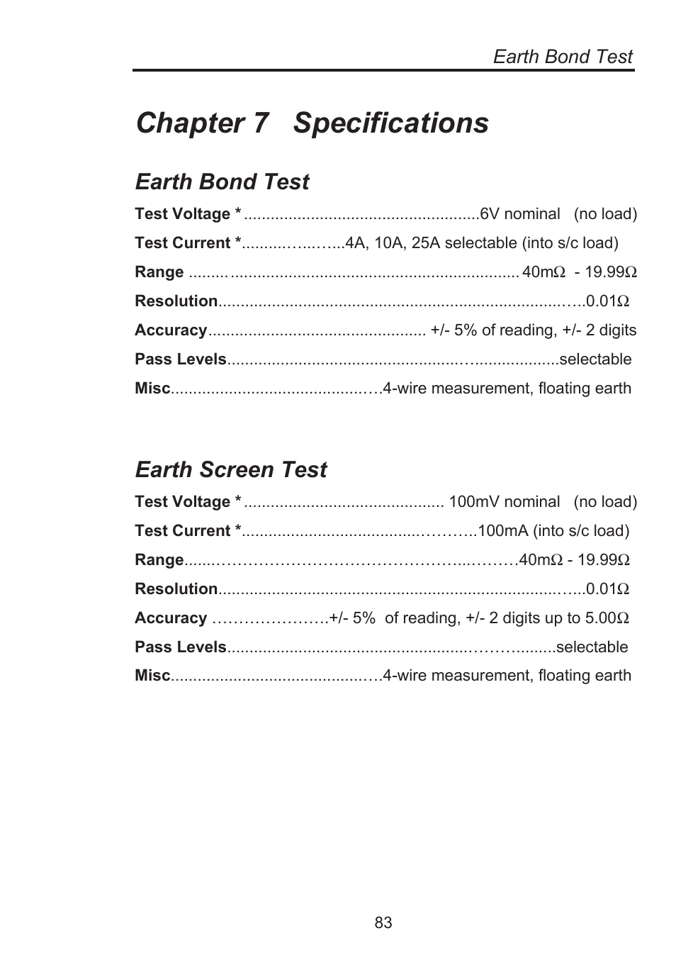 Chapter 7 specifications, Earth screen test, Earth bond test | Seaward Supernova Elite User Manual | Page 93 / 118