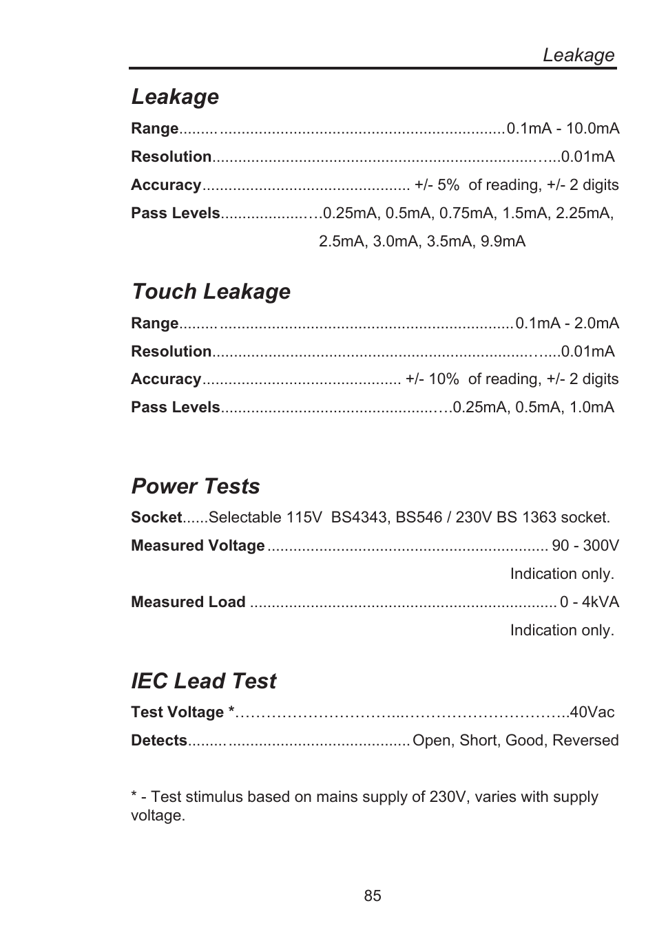 Touch leakage, Power tests, Iec lead test | Leakage | Seaward Supernova Elite User Manual | Page 95 / 118