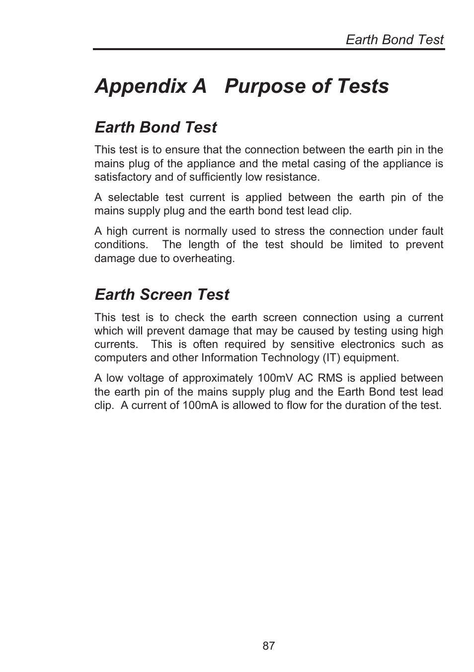 Appendix a purpose of tests, Earth bond test, Earth screen test | Seaward Supernova Elite User Manual | Page 97 / 118