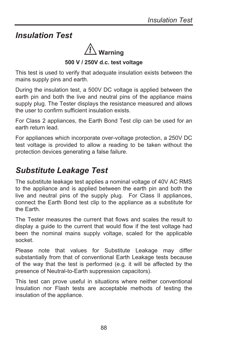 Substitute leakage test, Insulation test | Seaward Supernova Elite User Manual | Page 98 / 118