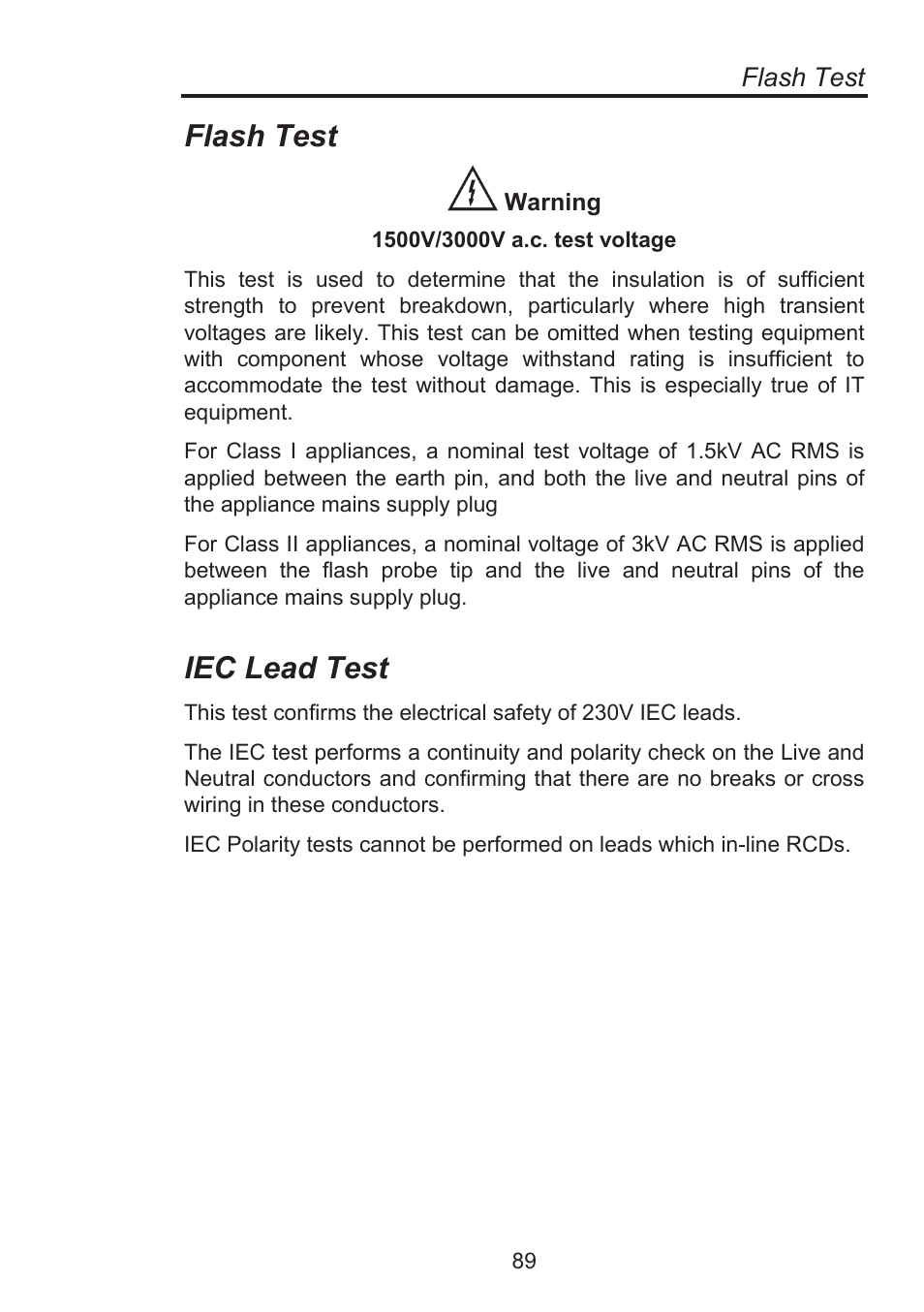 Iec lead test, Flash test | Seaward Supernova Elite User Manual | Page 99 / 118