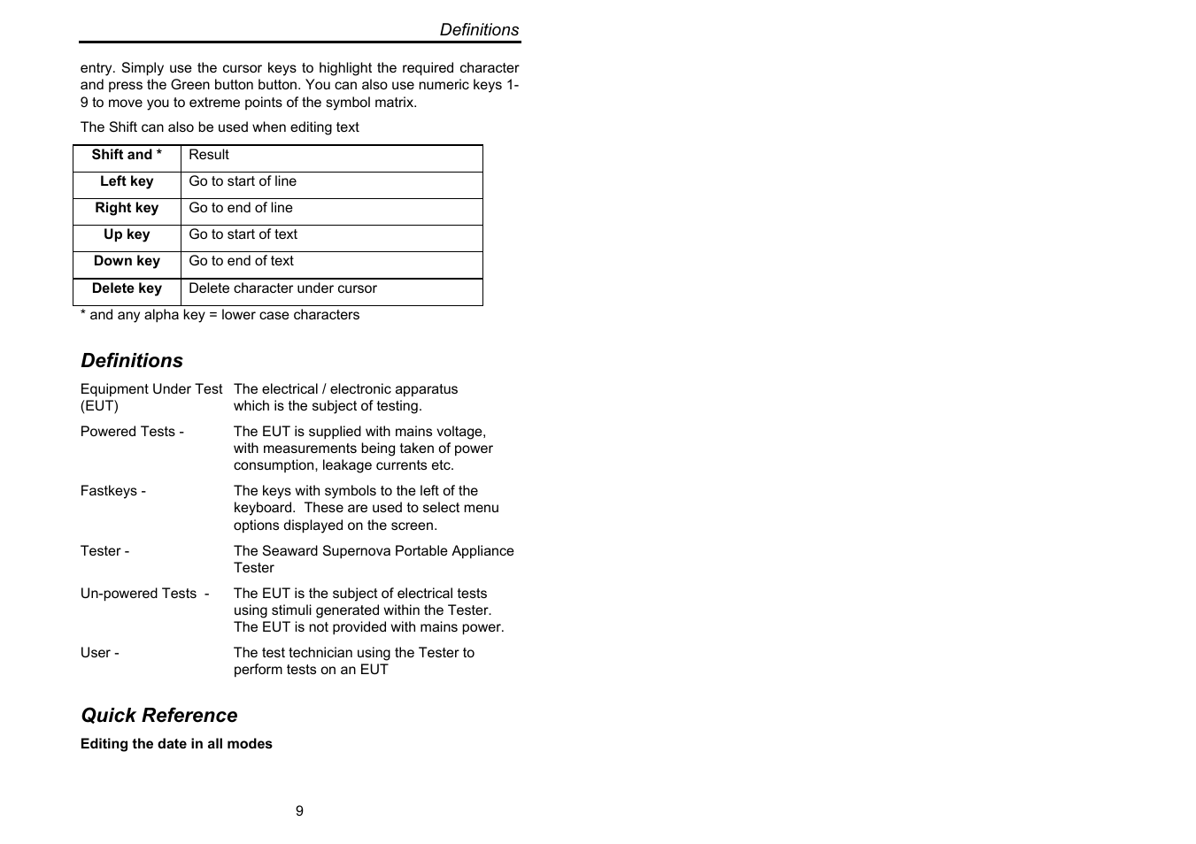 Definitions, Quick reference | Seaward Supernova User Manual | Page 19 / 104