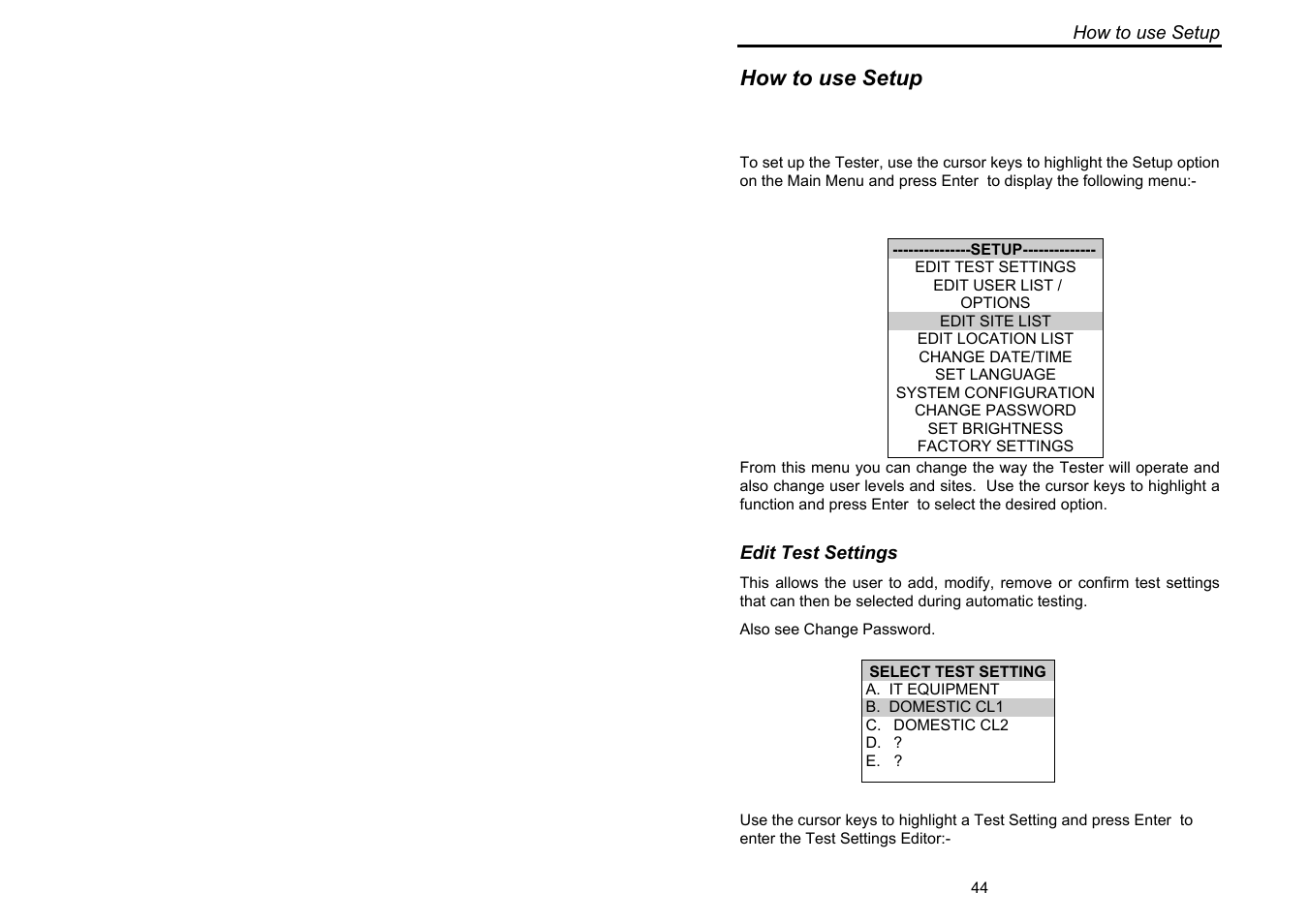 How to use setup | Seaward Supernova User Manual | Page 54 / 104