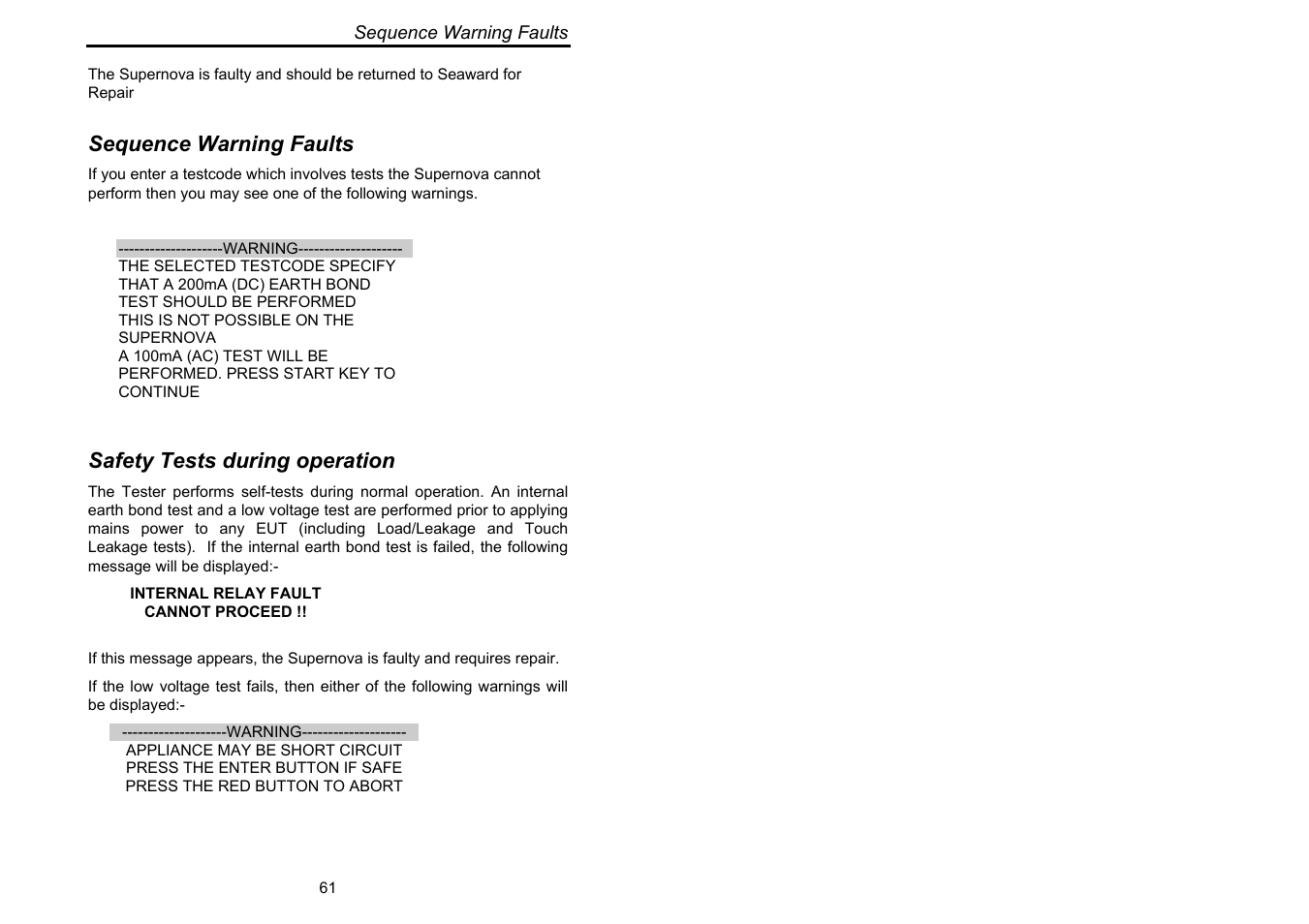 Sequence warning faults, Safety tests during operation | Seaward Supernova User Manual | Page 71 / 104