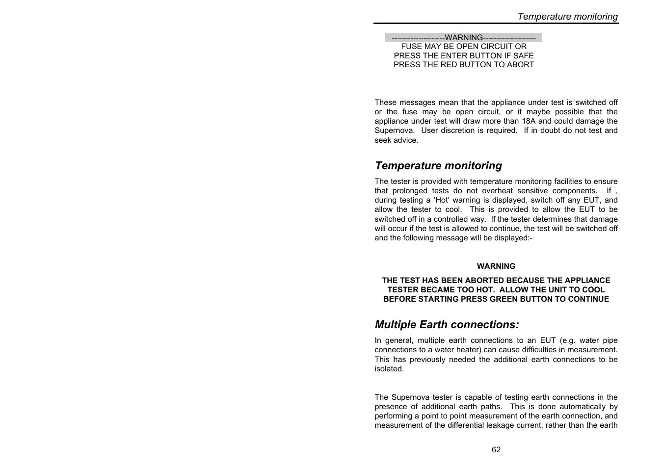 Temperature monitoring, Multiple earth connections | Seaward Supernova User Manual | Page 72 / 104