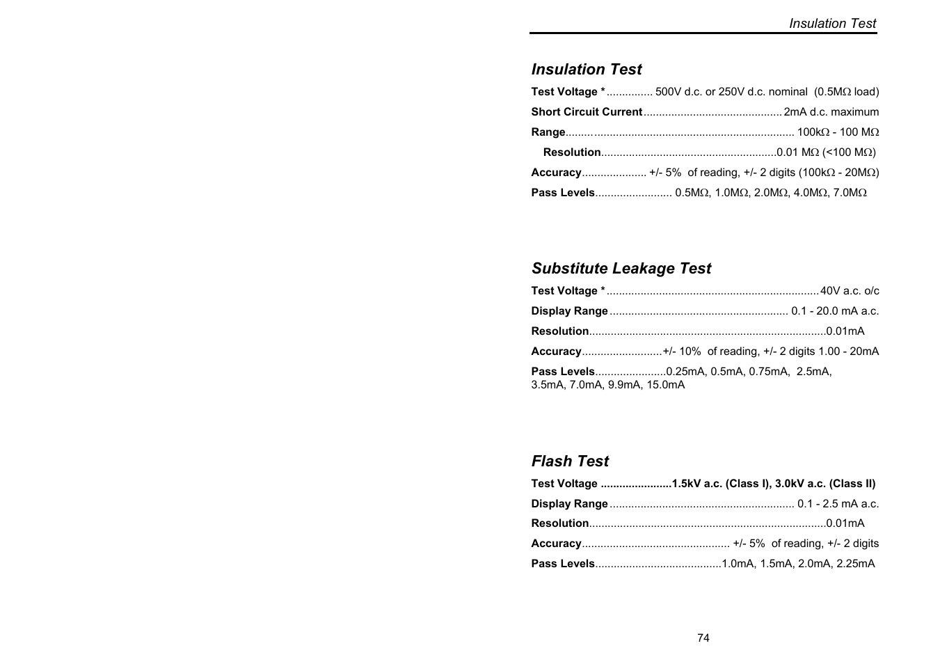 Insulation test, Substitute leakage test, Flash test | Seaward Supernova User Manual | Page 84 / 104