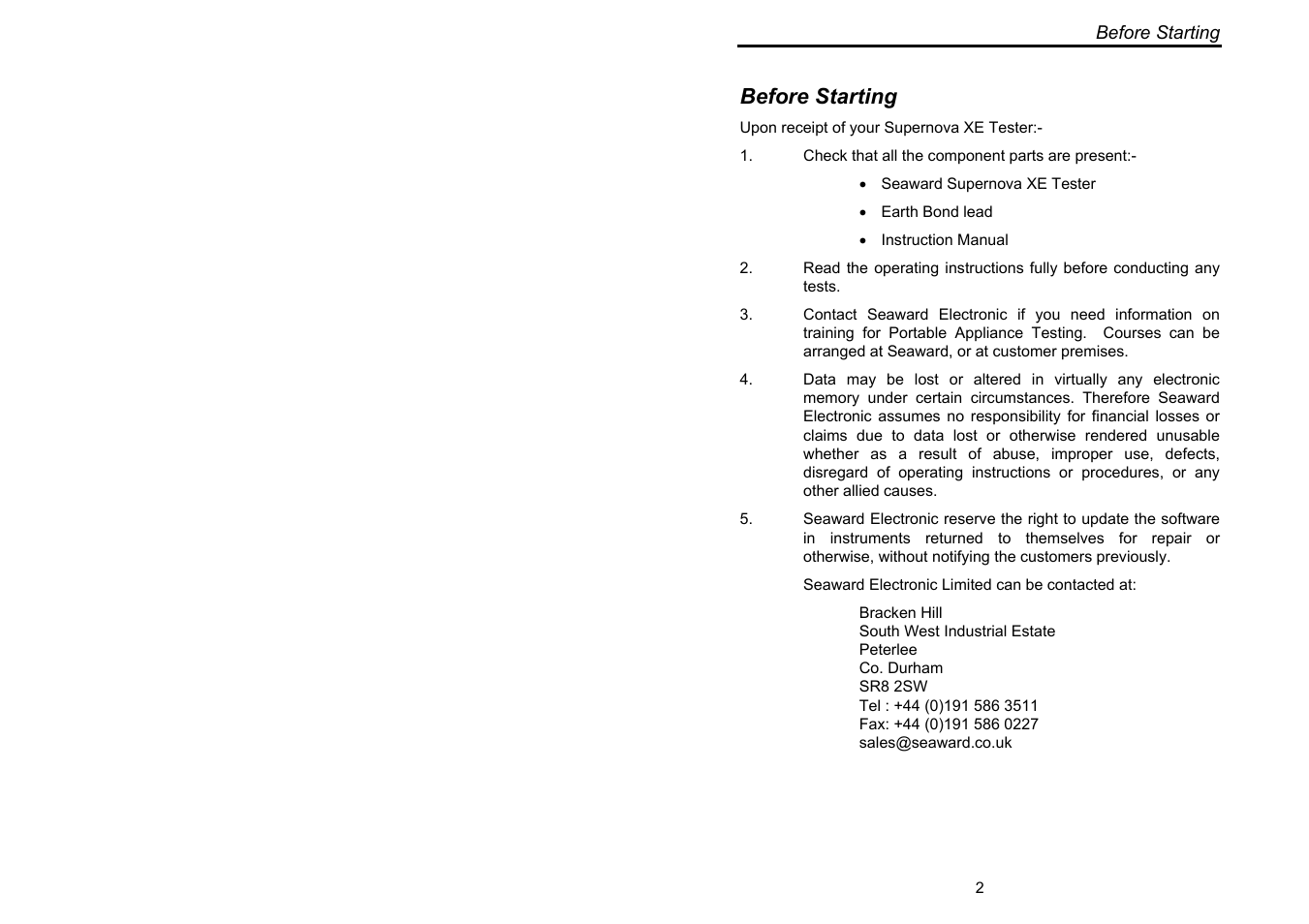 Before starting | Seaward Supernova XE User Manual | Page 12 / 104