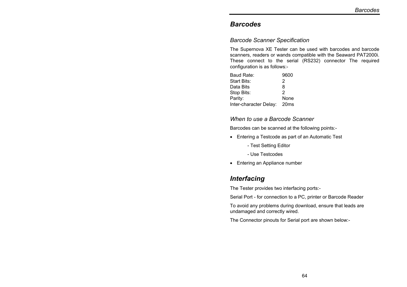 Barcodes, Interfacing | Seaward Supernova XE User Manual | Page 74 / 104