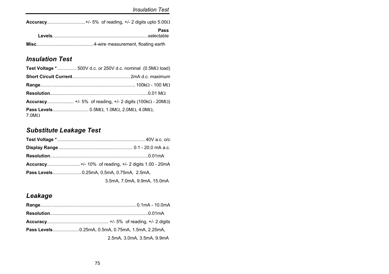 Insulation test, Substitute leakage test, Leakage | Seaward Supernova XE User Manual | Page 85 / 104