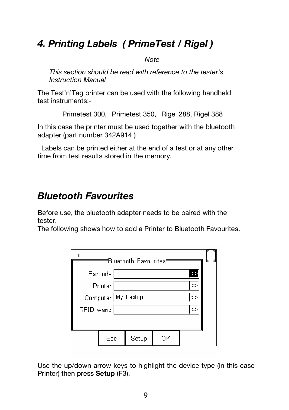 Printing labels ( primetest / rigel ), Bluetooth favourites | Seaward Test n Tag Printer User Manual | Page 10 / 32