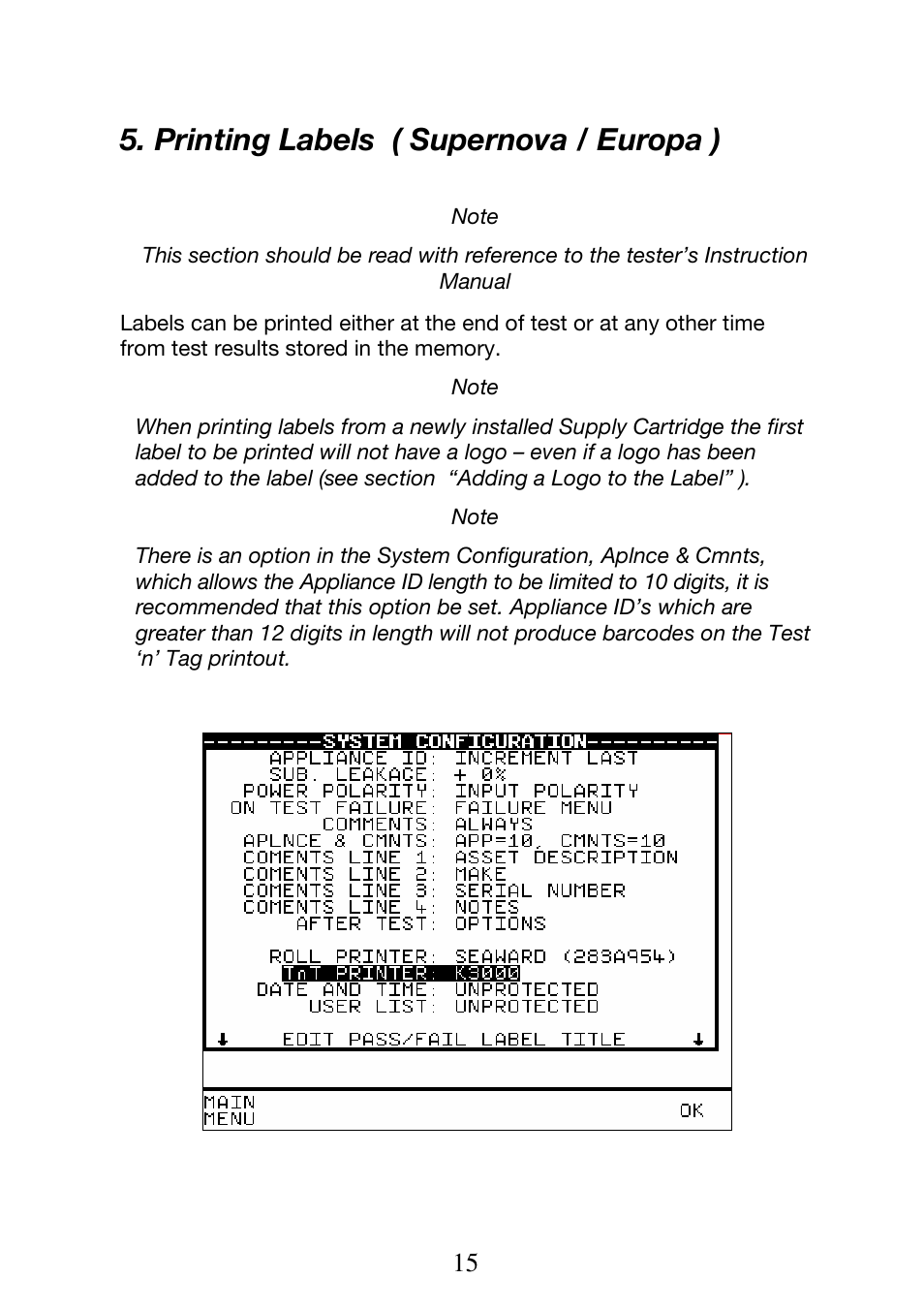 Printing labels ( supernova / europa ) | Seaward Test n Tag Printer User Manual | Page 16 / 32