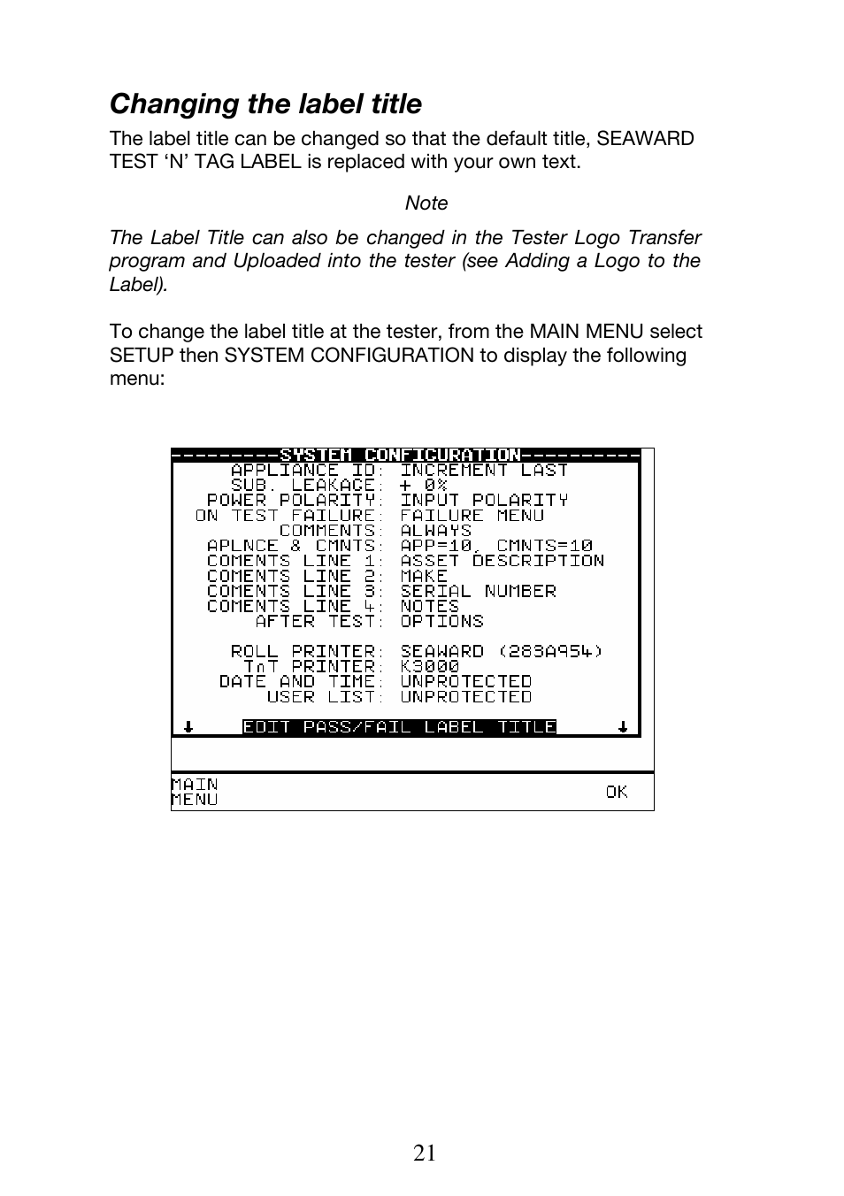 Changing the label title | Seaward Test n Tag Printer User Manual | Page 22 / 32