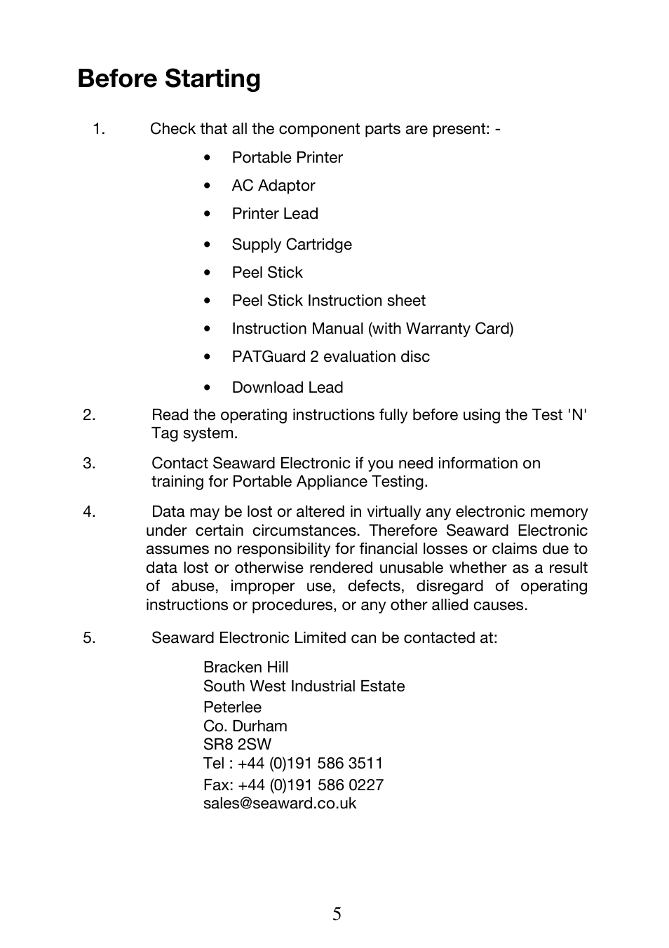 Before starting | Seaward Test n Tag Printer User Manual | Page 6 / 32